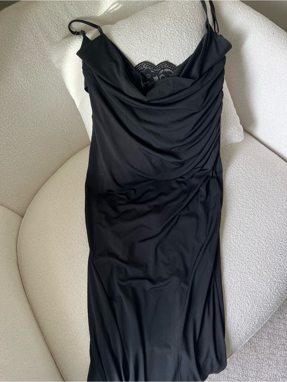 Sleek Black Slip Dress with Lace Trim Back